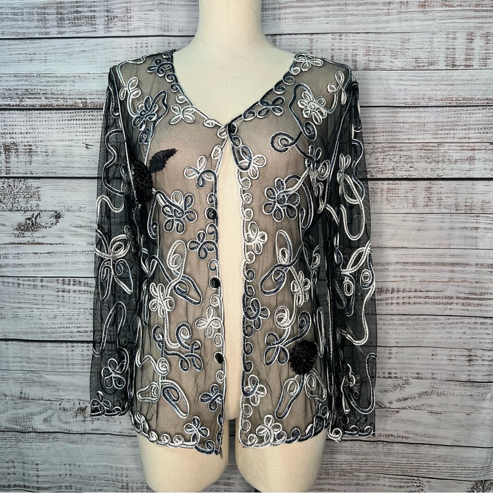 TC Fashion Black Blue Metallic Floral Sheer‎ Mesh Top Whimsigoth Medium VTG NEW